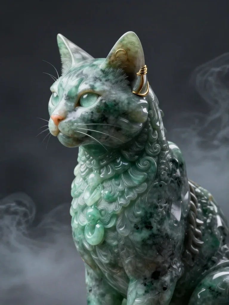a feline-featured model with gold ear cuffs in a dramatic three-quarter profile, in a smoke-lit photo studio, dreamlike 