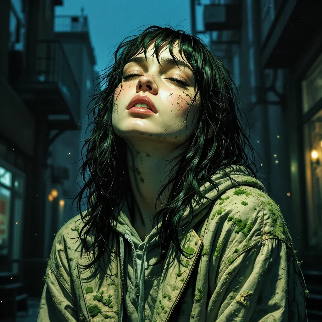 a streetwear influencer with wet-look hair in a deep breath with eyes closed, in a blue-hour city apartment, neo-noir ci