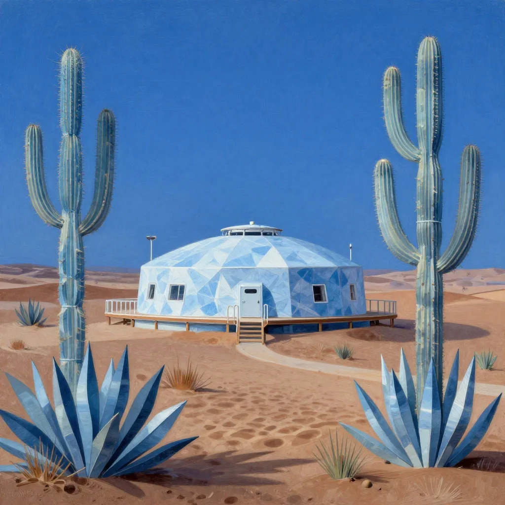 a desert research station at blue hour, contemporary botanical illustration, careful geometric composition, ice blue and