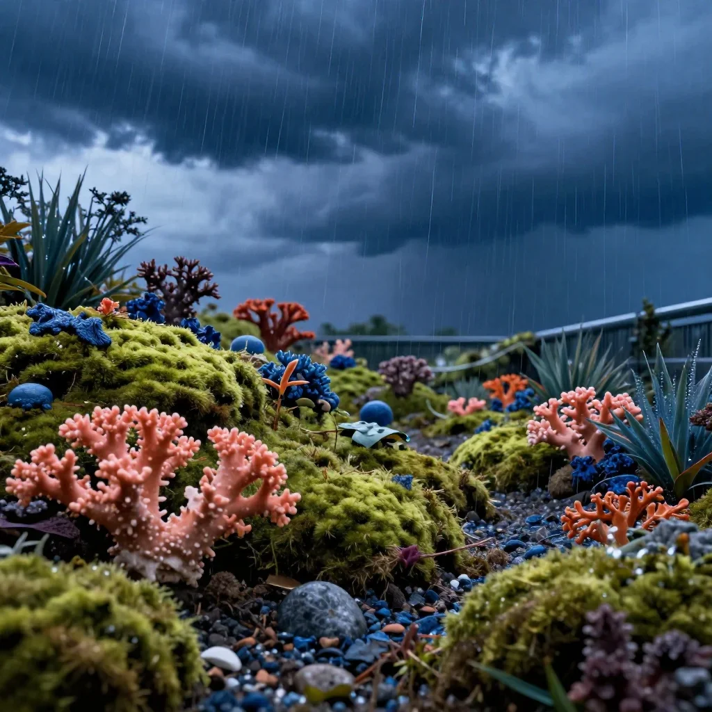 a moss garden after rain after a distant thunderstorm, cinematic architectural photography, shallow depth of field, cora