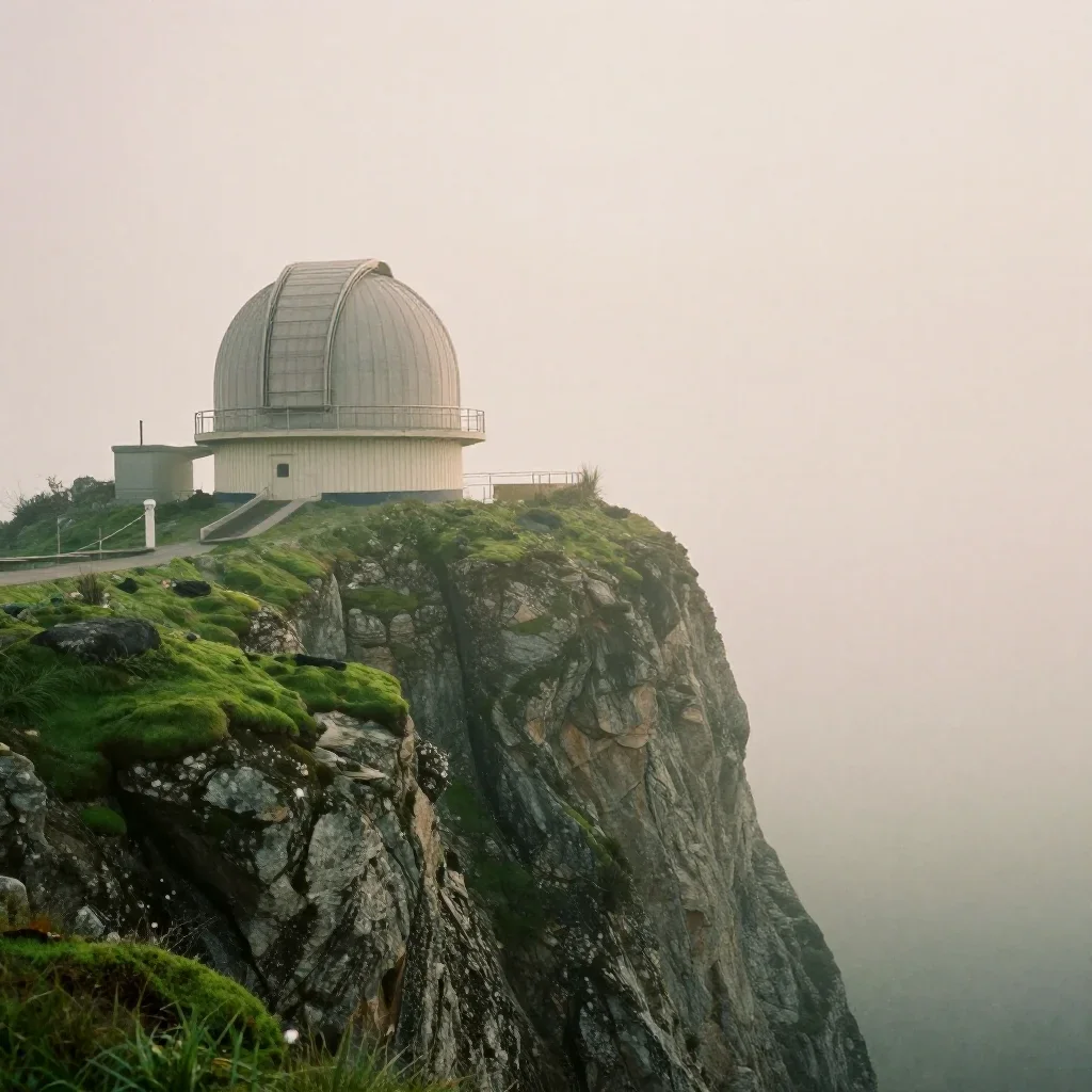 a cliffside observatory under soft dawn fog, dreamlike fine-art landscape photography, subtle film grain, moss green and