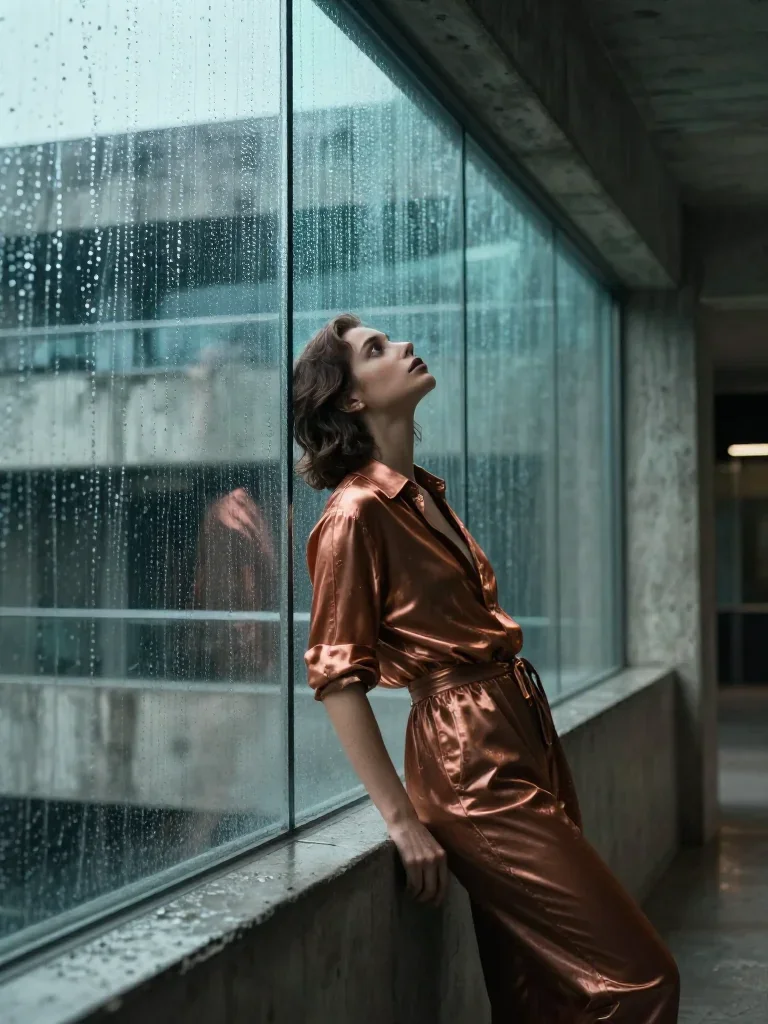 a lover leaning against rain-streaked glass in a dramatic three-quarter profile, in a brutalist concrete atrium, editori