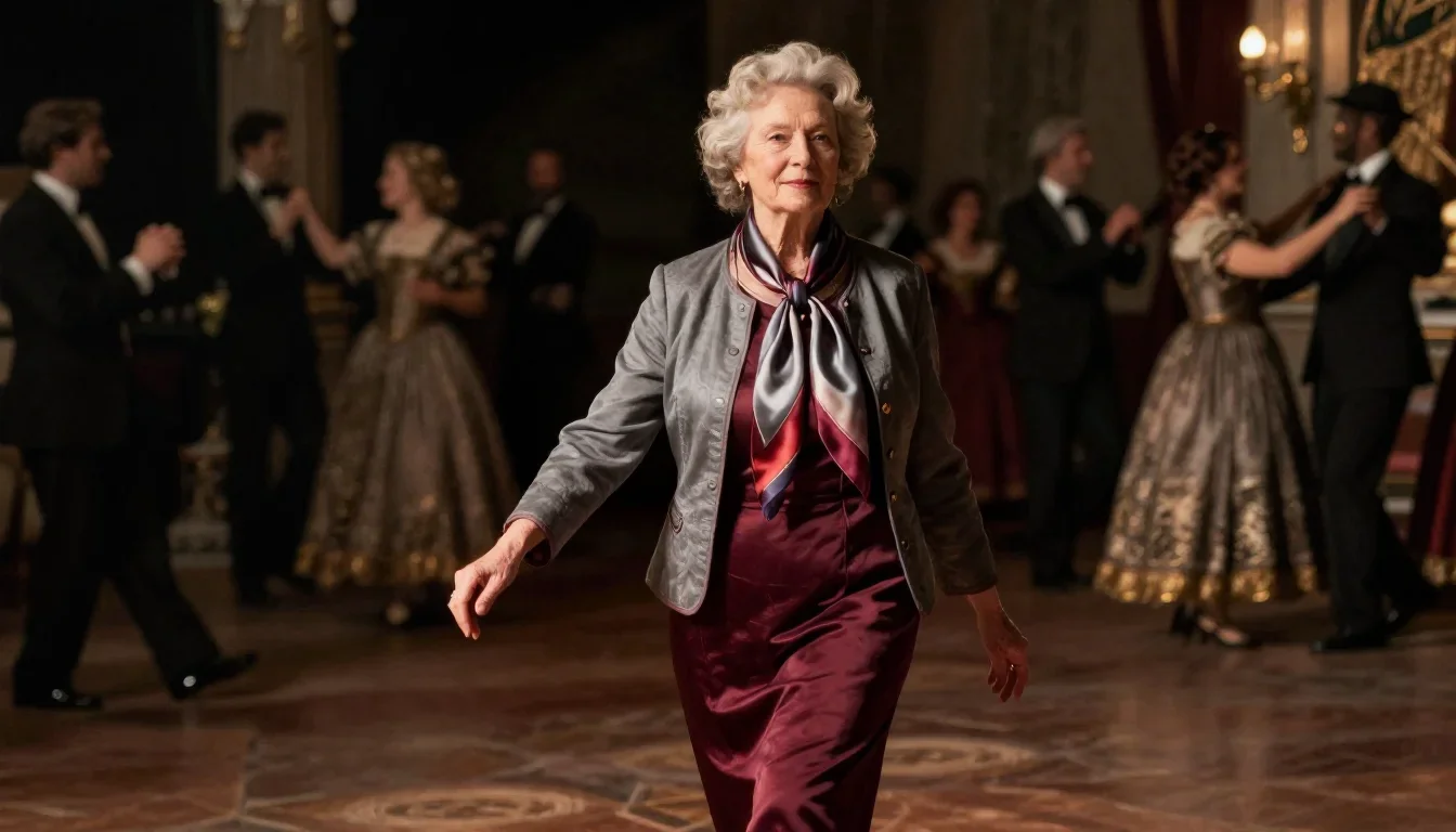 an elegant older stateswoman in a silk scarf in a confident cinematic stride, on a midnight dance floor, Renaissance chi