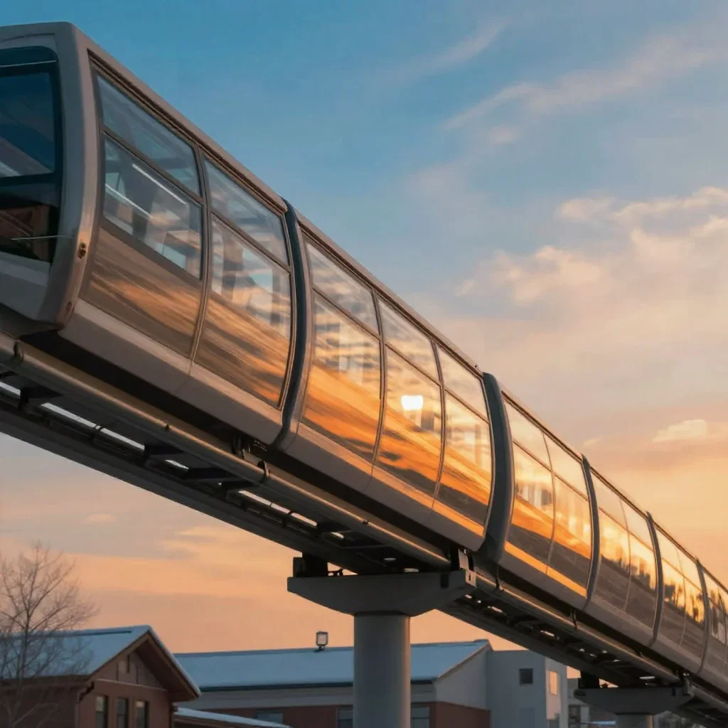 a glass monorail in crisp winter sunlight, cinematic architectural photography, gentle reflected light, ochre and ultram