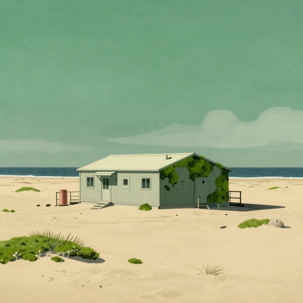 a desert research station under overcast coastal light, Japanese woodblock-inspired editorial art, restrained color harm