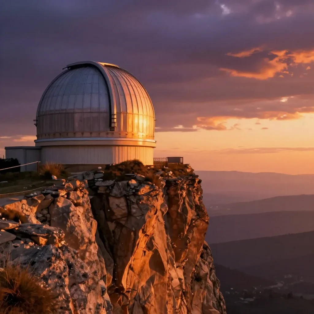 a cliffside observatory during golden hour, dreamlike fine-art landscape photography, atmospheric depth, ochre and ultra