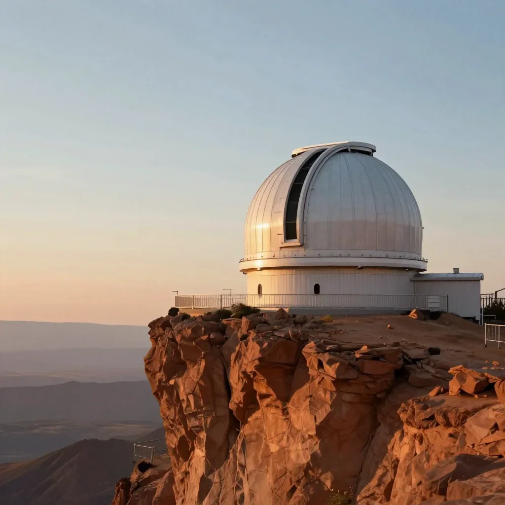 a cliffside observatory during golden hour, quiet science-fiction concept art, soft volumetric light, terracotta and pal