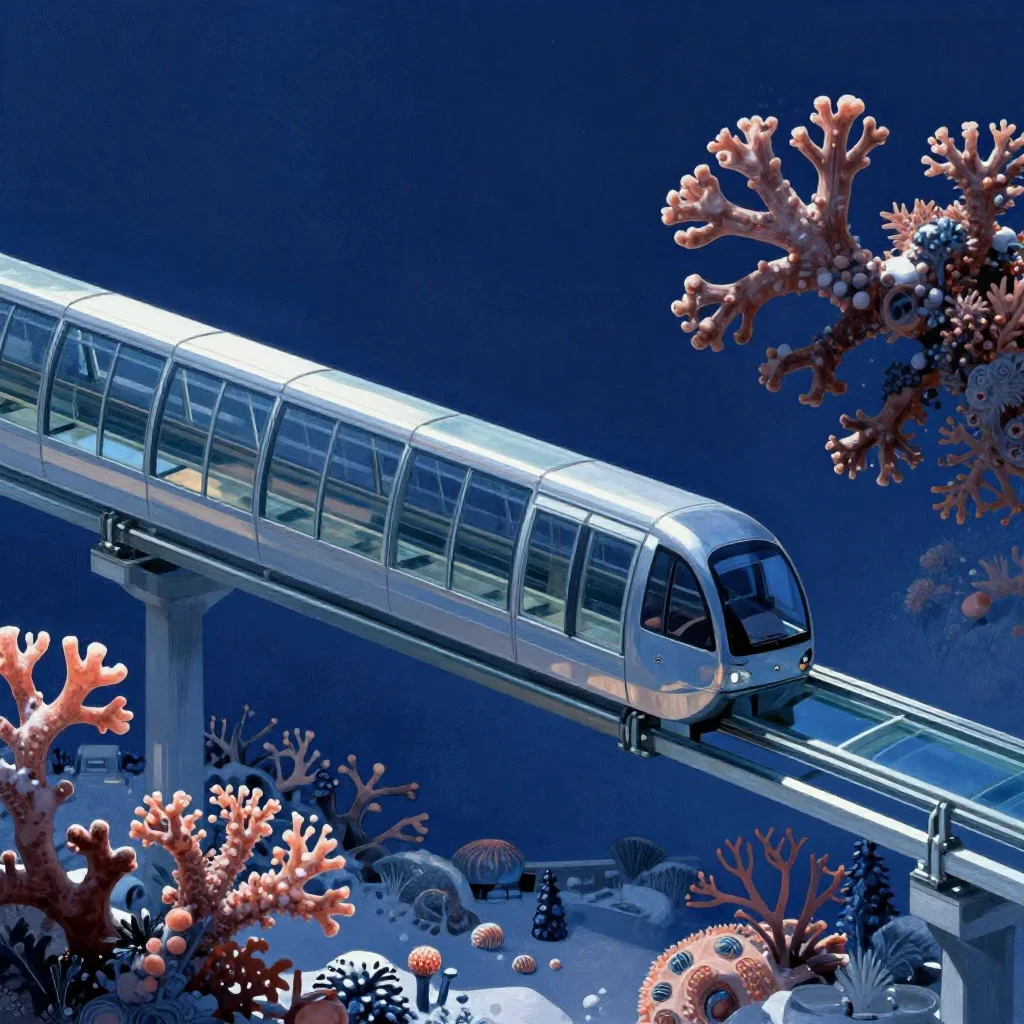 a glass monorail in crisp winter sunlight, quiet science-fiction concept art, careful geometric composition, coral and m