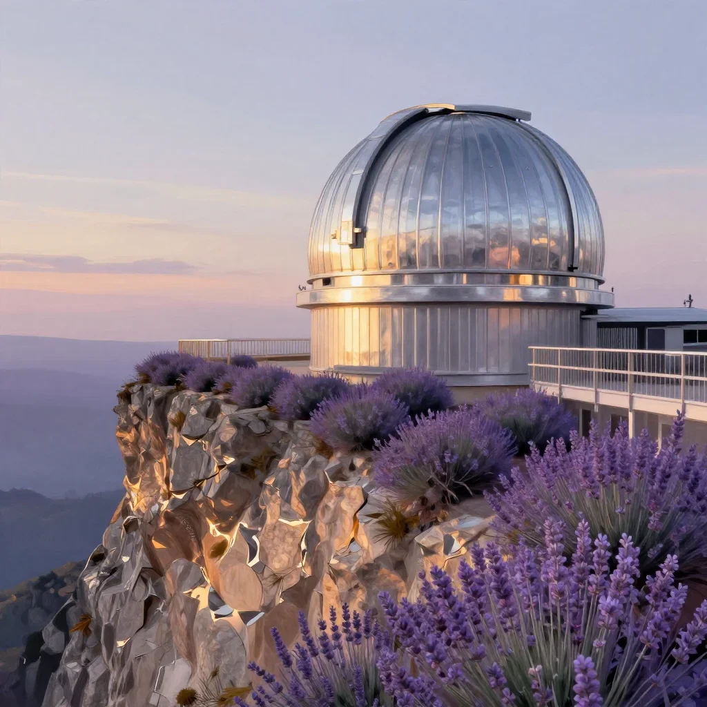 a cliffside observatory during golden hour, contemporary botanical illustration, restrained color harmony, lavender and