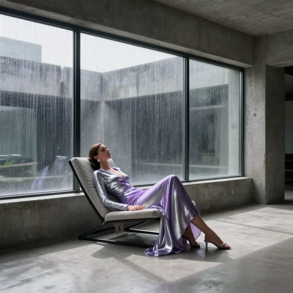 a lover leaning against rain-streaked glass reclining elegantly on a chaise, in a brutalist concrete atrium, high-fashio