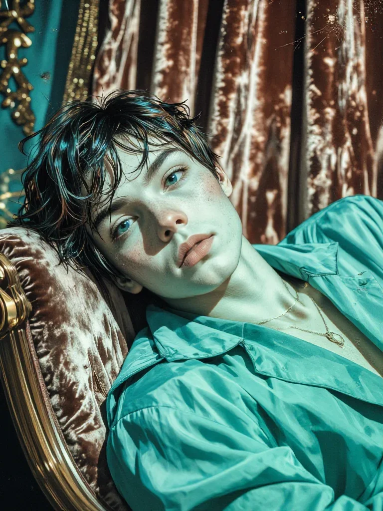 a streetwear influencer with wet-look hair reclining elegantly on a chaise, in a velvet-curtained boudoir, mythology-ins