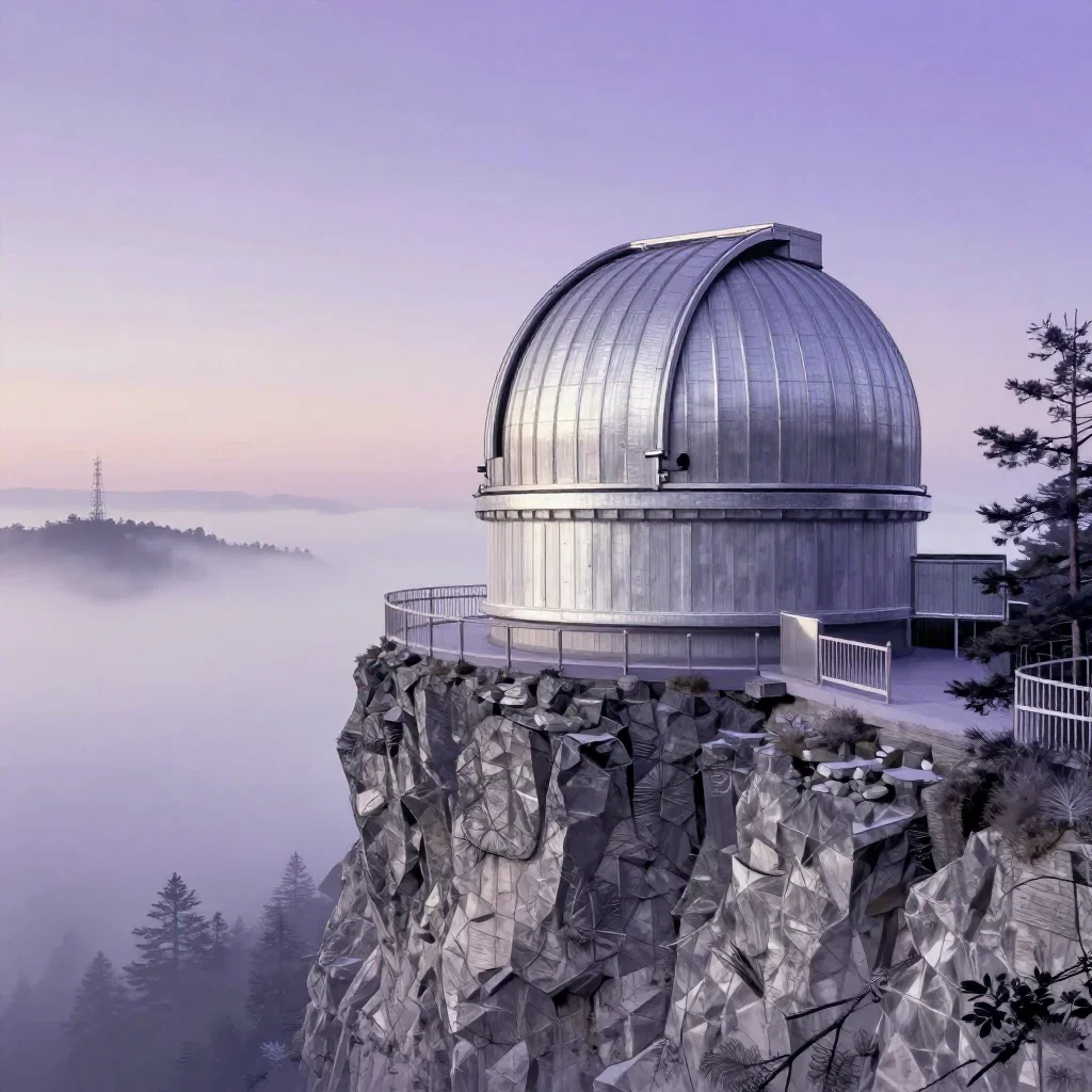 a cliffside observatory under soft dawn fog, Japanese woodblock-inspired editorial art, crisp material detail, lavender 