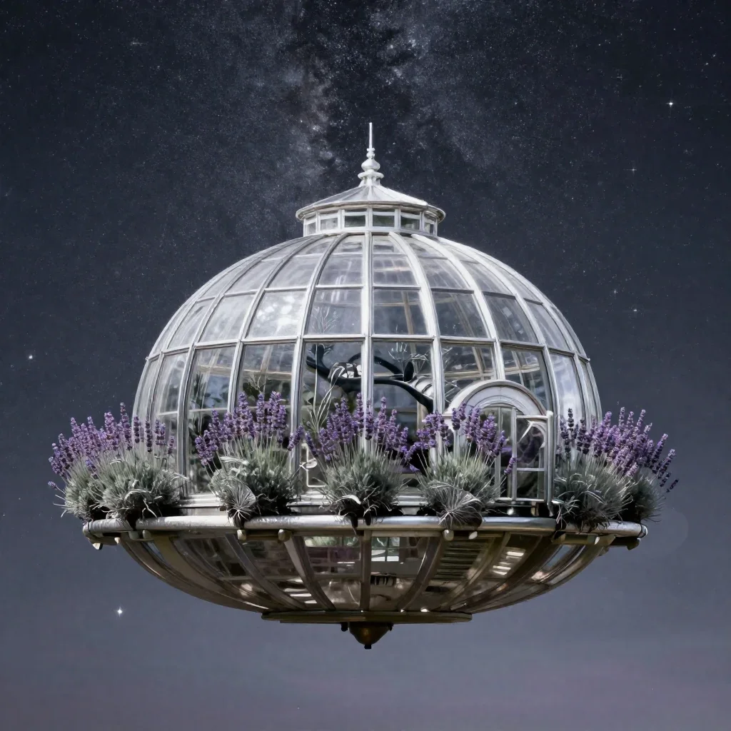 a floating botanical conservatory beneath a star-filled sky, refined editorial travel photography, clean natural texture