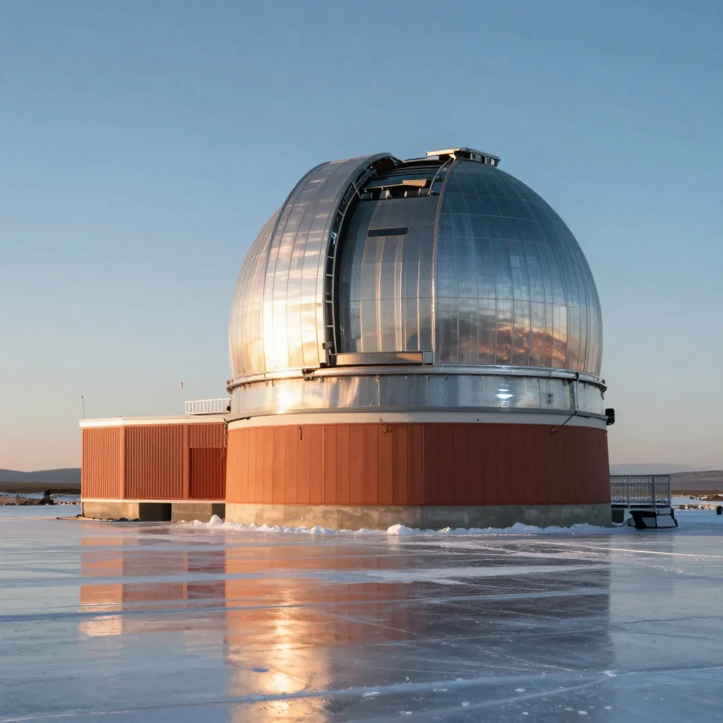 an ice-covered exoplanet observatory at first light, refined editorial travel photography, gentle reflected light, terra