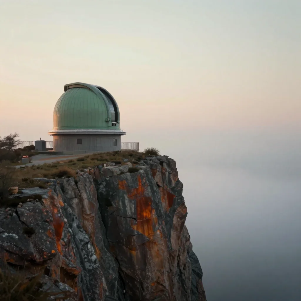 a cliffside observatory under soft dawn fog, quiet science-fiction concept art, calm negative space, rust and sage palet