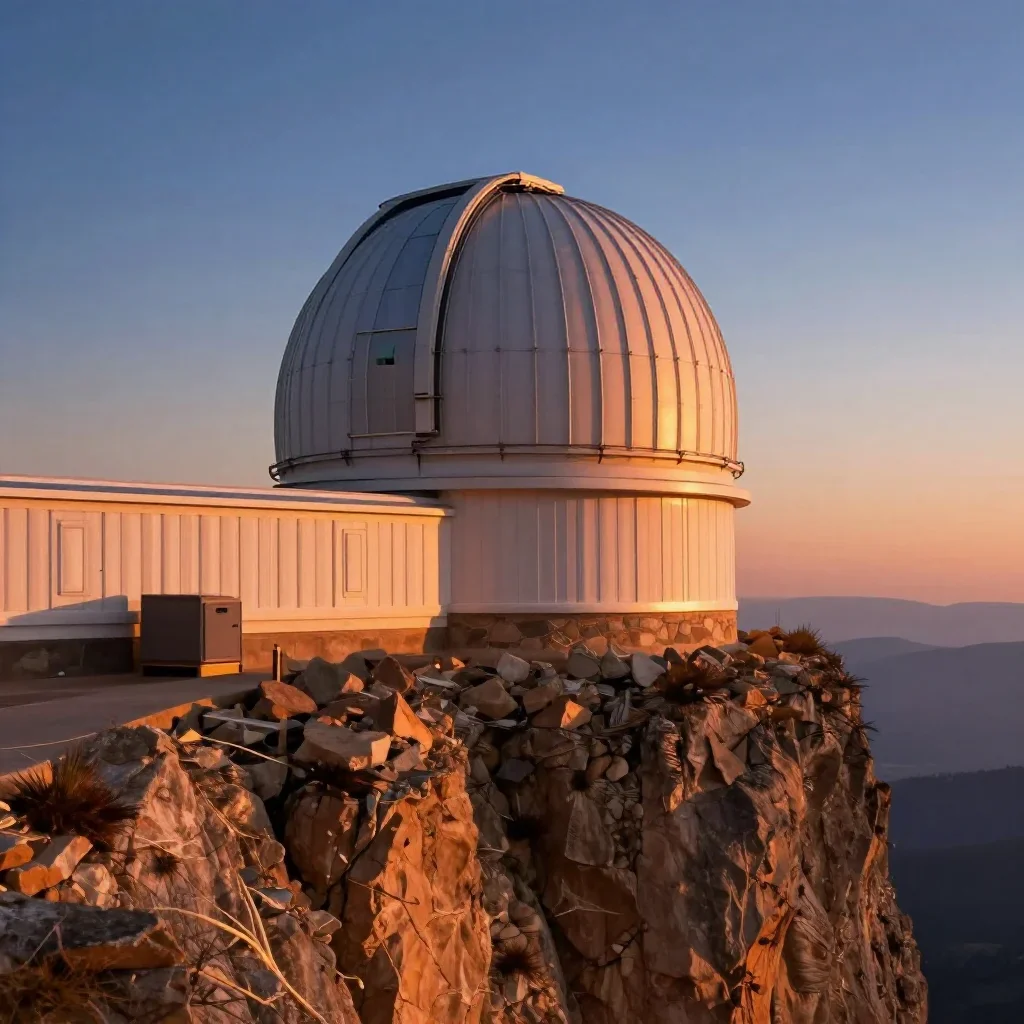 a cliffside observatory during golden hour, cinematic architectural photography, soft volumetric light, ochre and ultram