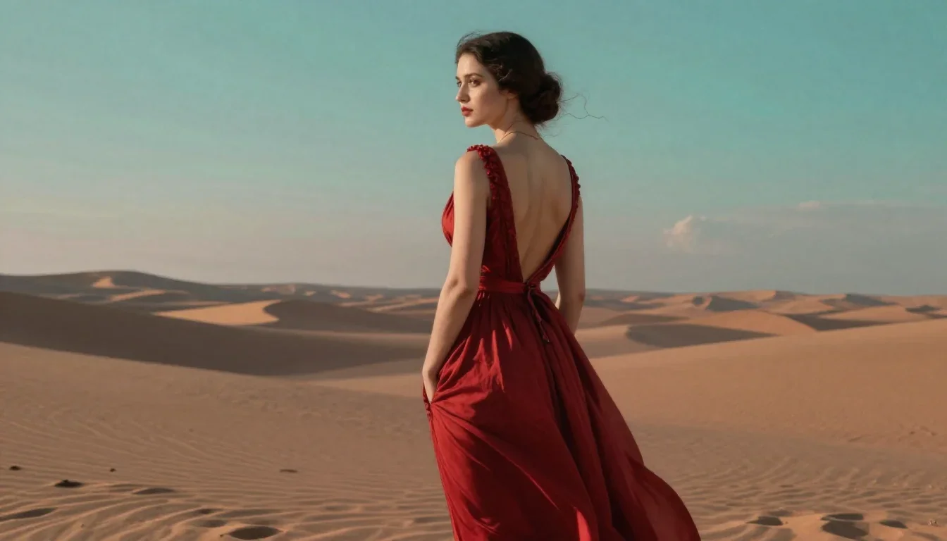 a femme fatale in a crimson backless gown standing tall with hands in pockets, in a silent desert at twilight, Renaissan