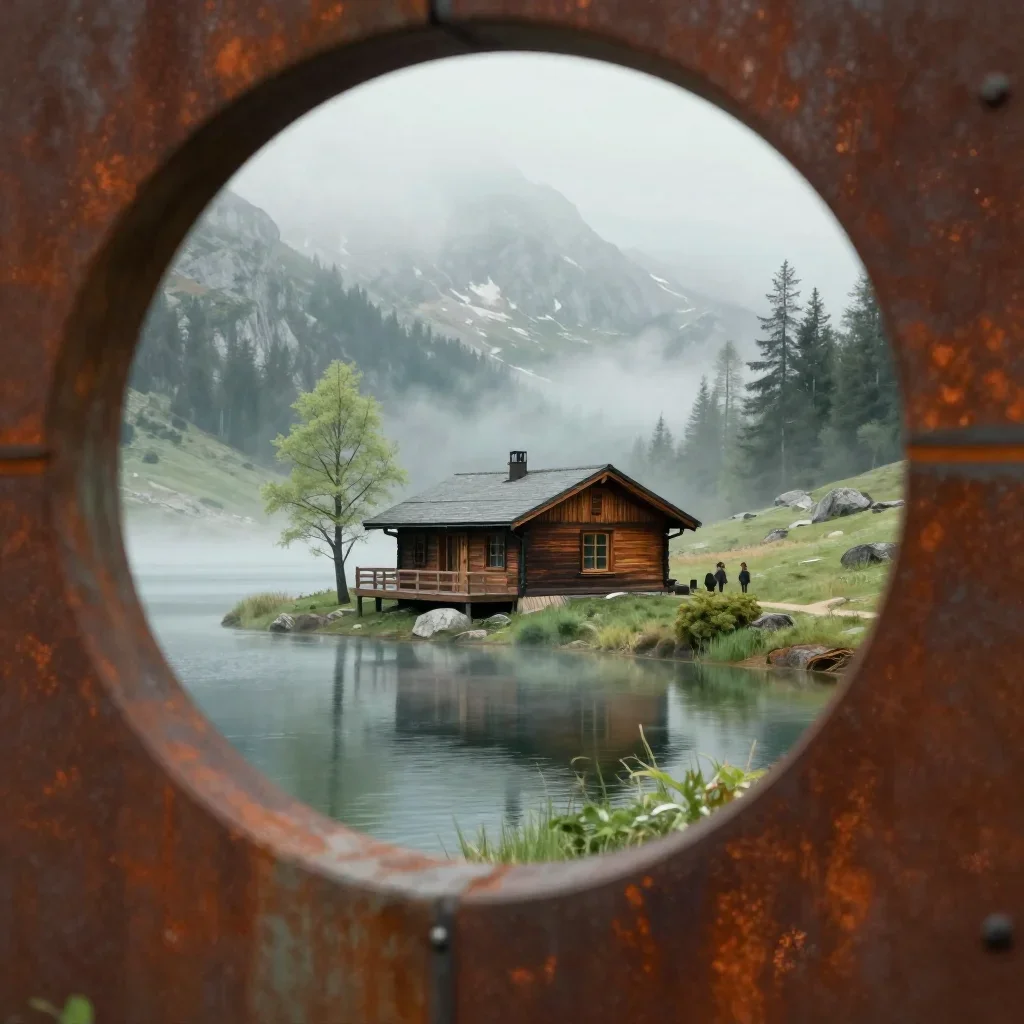 a cedar cabin beside an alpine lake in early spring mist, quiet science-fiction concept art, layered foreground framing,