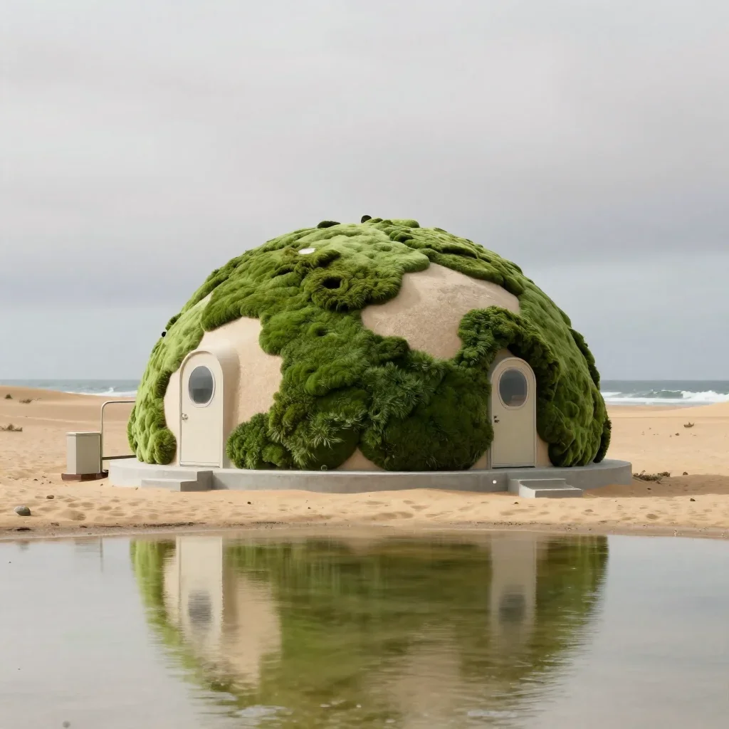 a desert research station under overcast coastal light, high-end design magazine photography, gentle reflected light, mo