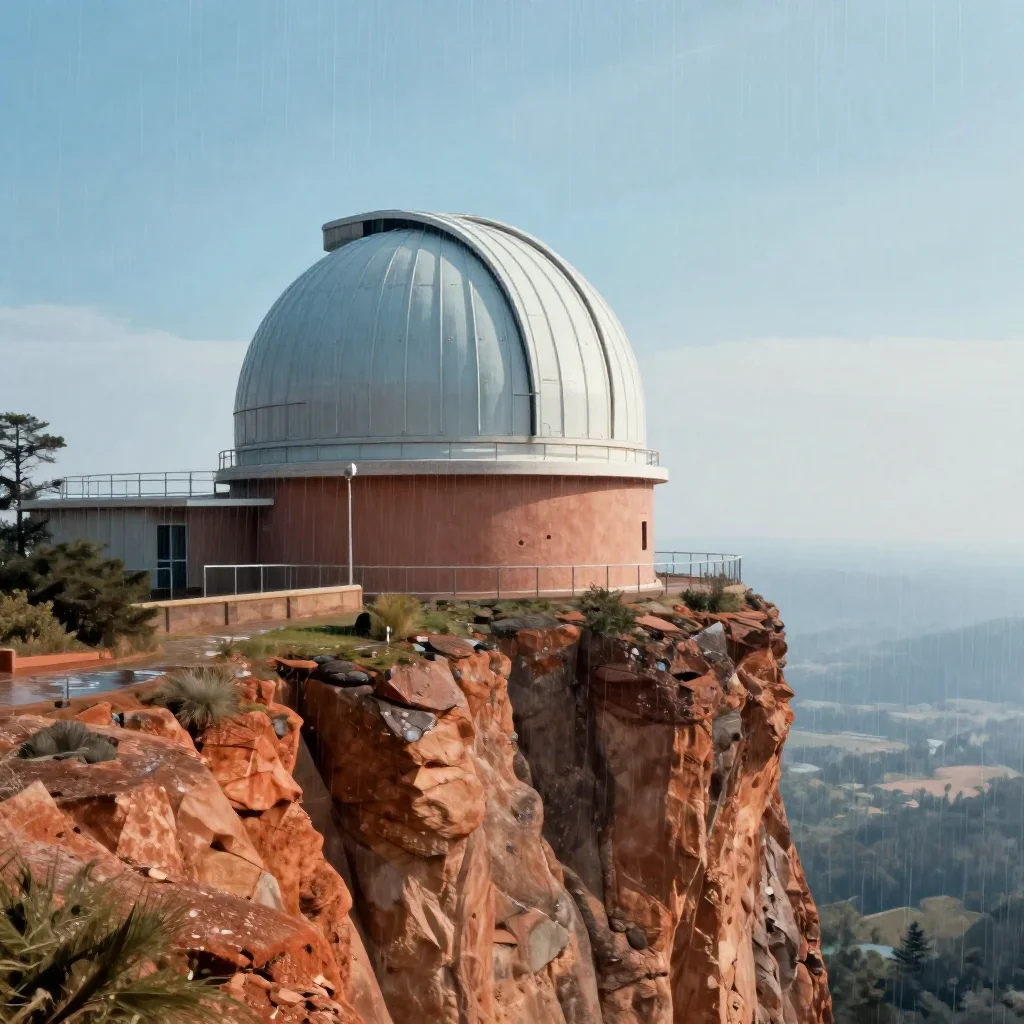 a cliffside observatory after warm summer rain, quiet science-fiction concept art, crisp material detail, terracotta and