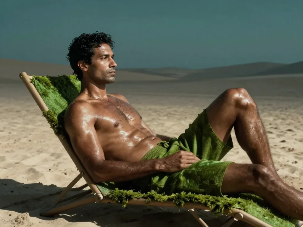 a chiseled athlete in dramatic rim light, oiled skin reclining elegantly on a chaise, in a silent desert at twilight, ne