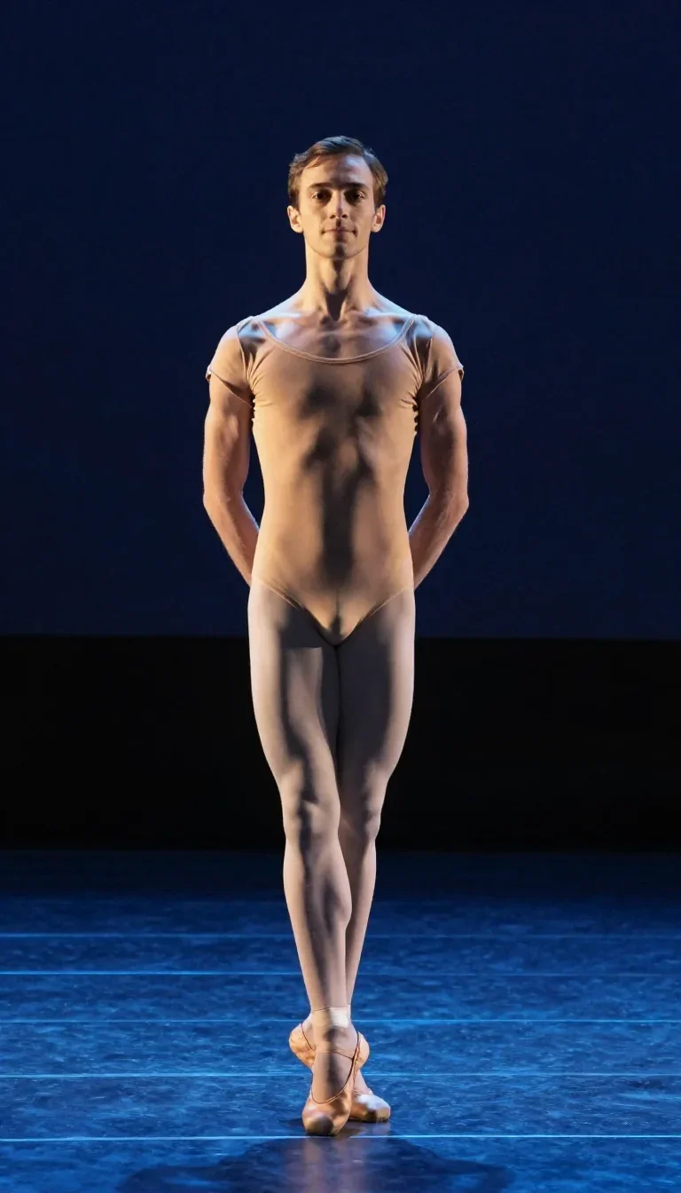 a ballet dancer in a bare-shoulder leotard, mid-extension standing tall with hands in pockets, on a midnight dance floor