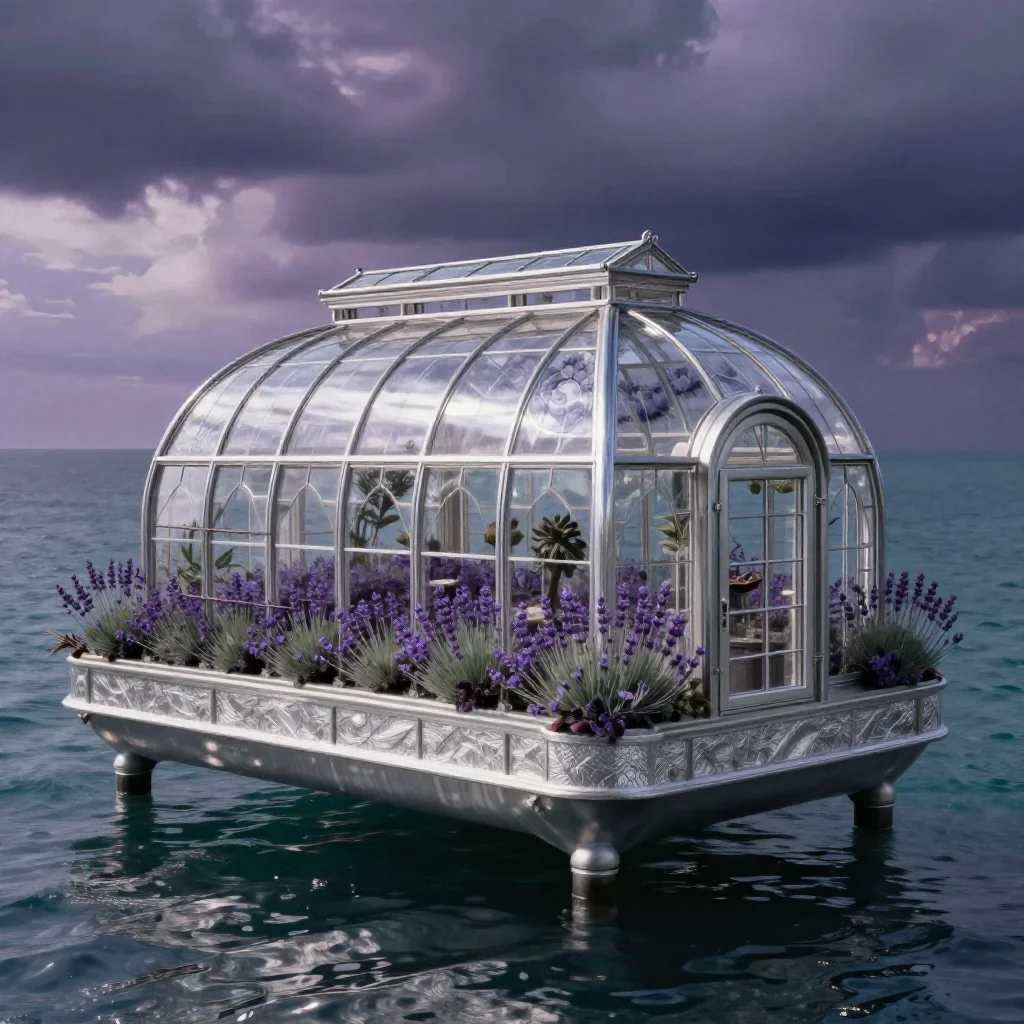 a floating botanical conservatory in a gentle sea breeze, cinematic architectural photography, atmospheric depth, lavend