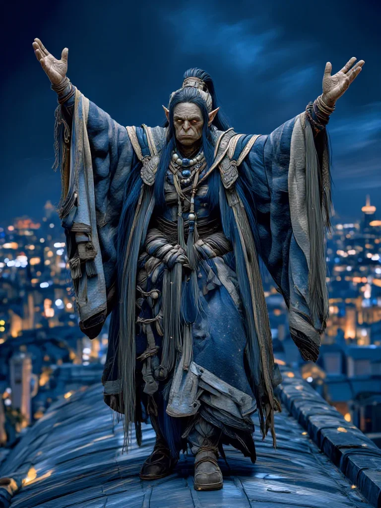 a sorceress in a star-lit midnight cloak in a bold, open-armed welcome, on a neon-lit rooftop at midnight, futuristic sp