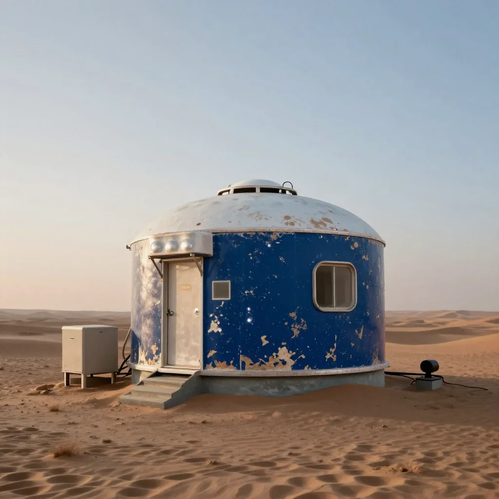a desert research station in quiet late-afternoon haze, refined editorial travel photography, weathered tactile surfaces