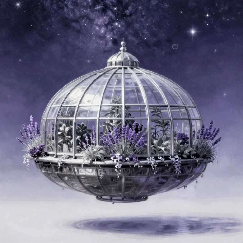 a floating botanical conservatory beneath a star-filled sky, contemporary botanical illustration, calm negative space, l