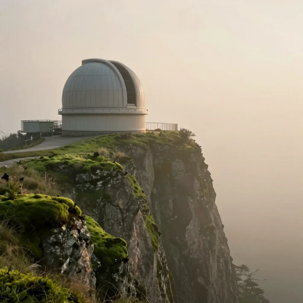 a cliffside observatory under soft dawn fog, dreamlike fine-art landscape photography, gentle reflected light, moss gree