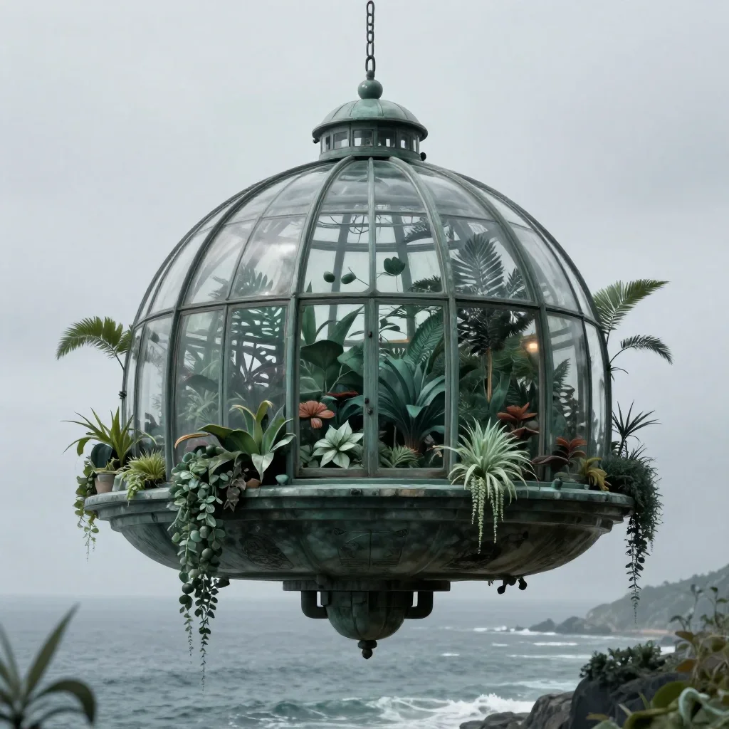 a floating botanical conservatory under overcast coastal light, quiet science-fiction concept art, restrained color harm