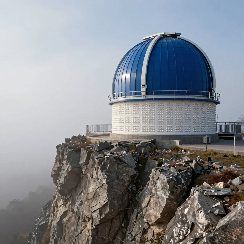 a cliffside observatory in early spring mist, high-end design magazine photography, crisp material detail, indigo and pe