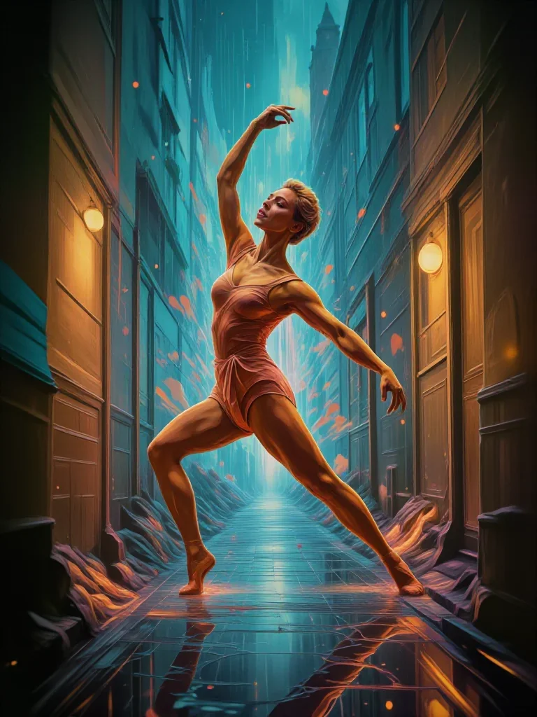 a ballet dancer in a bare-shoulder leotard, mid-extension in a low lunge with a lifted chin, in a rain-slick neon alley,