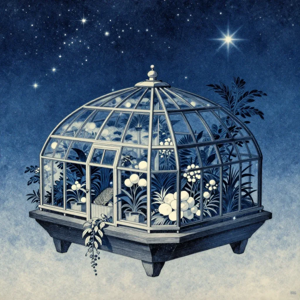a floating botanical conservatory beneath a star-filled sky, Japanese woodblock-inspired editorial art, restrained color