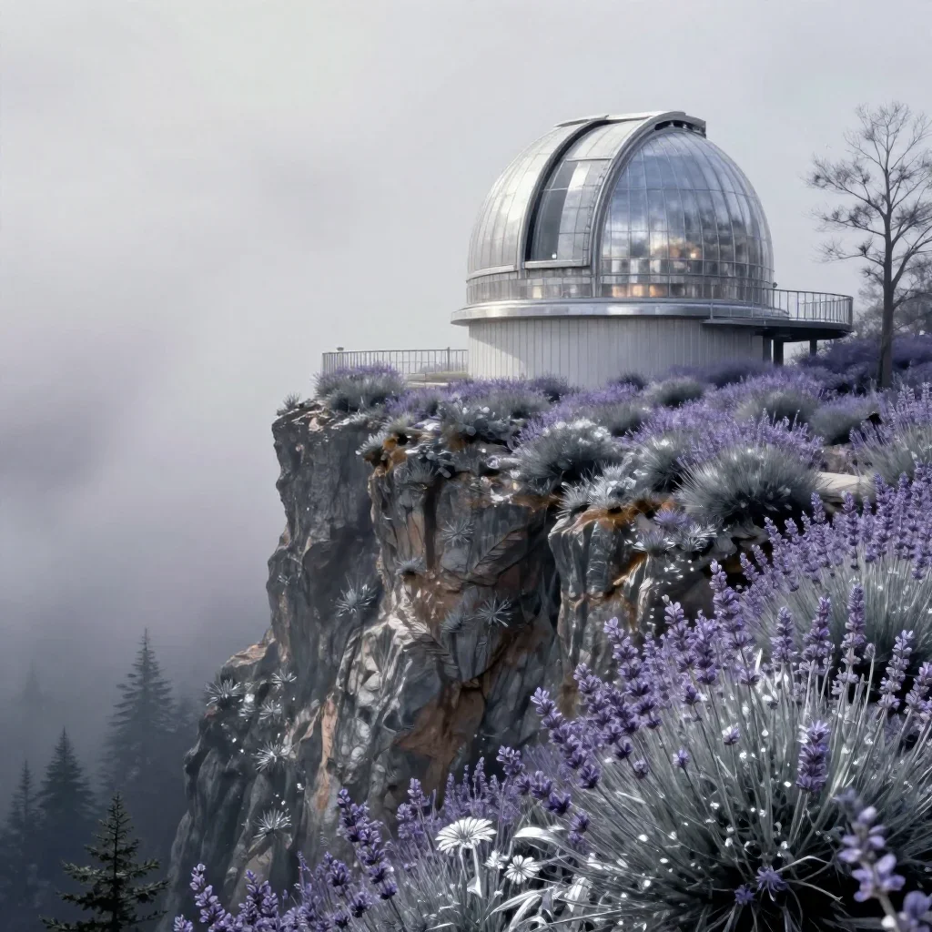 a cliffside observatory in early spring mist, contemporary botanical illustration, subtle film grain, lavender and silve