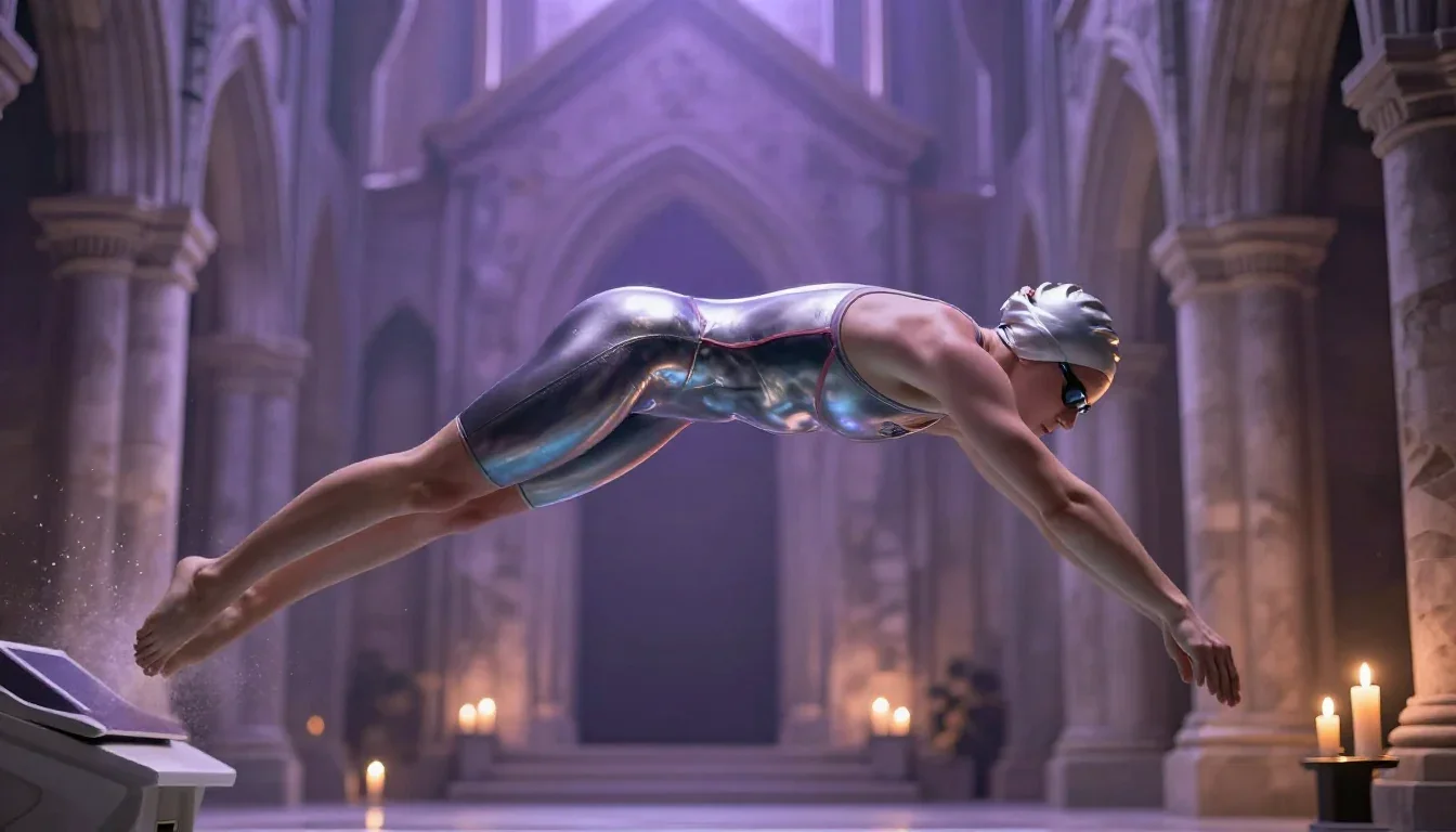 a swimmer before the plunge in a racing suit in an alluring over-the-shoulder glance, in a candle-lit cathedral ruin, my