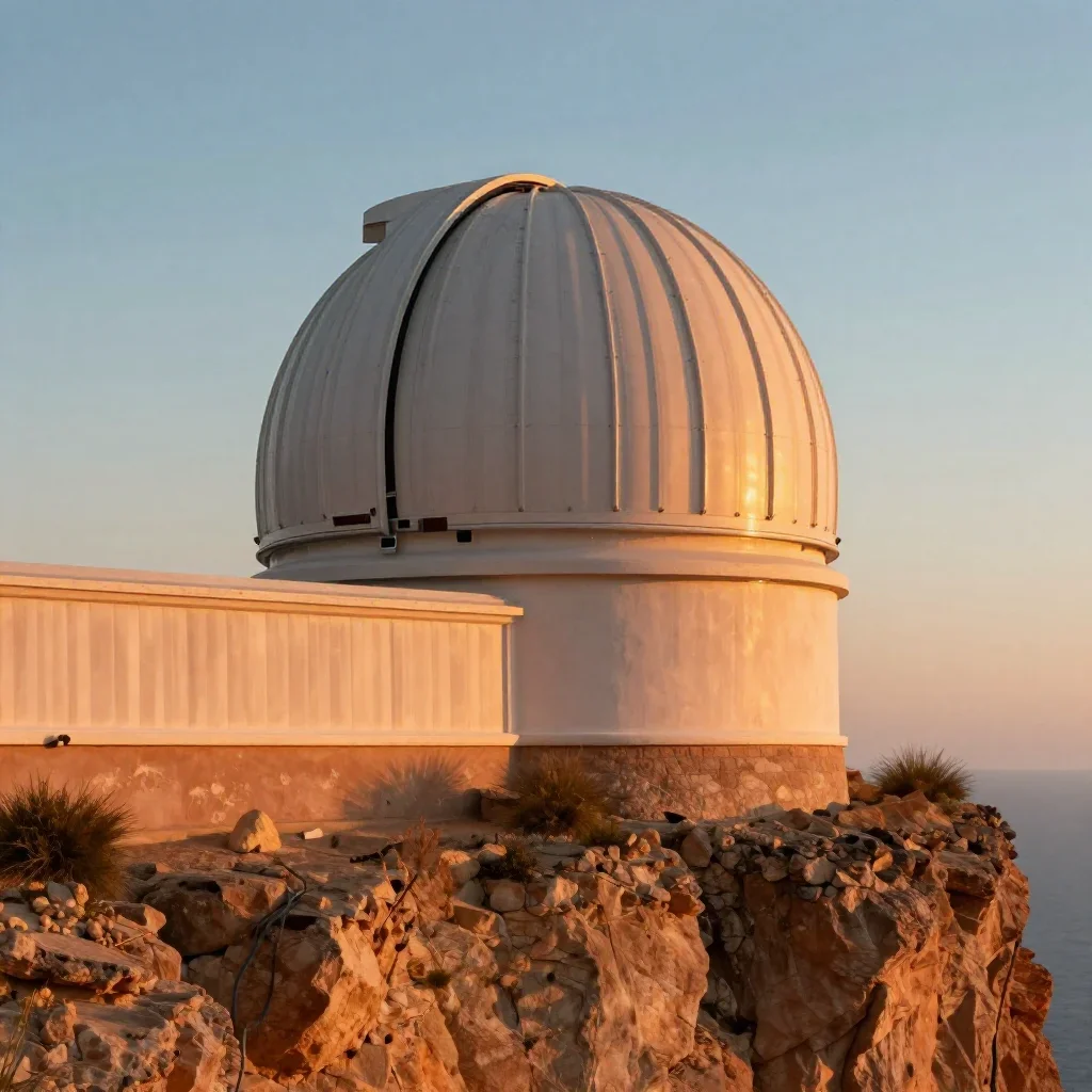 a cliffside observatory during golden hour, cinematic architectural photography, soft volumetric light, terracotta and p