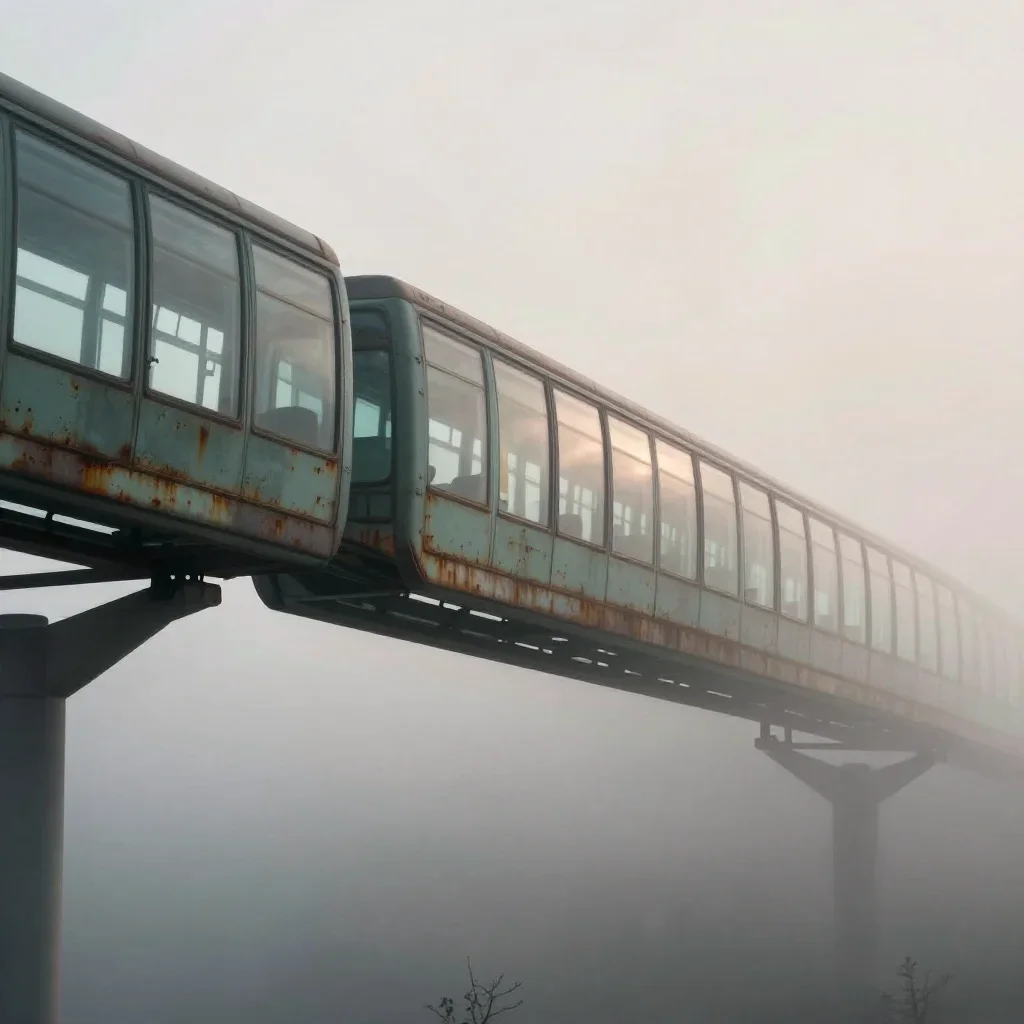 a glass monorail under soft dawn fog, quiet science-fiction concept art, weathered tactile surfaces, rust and sage palet