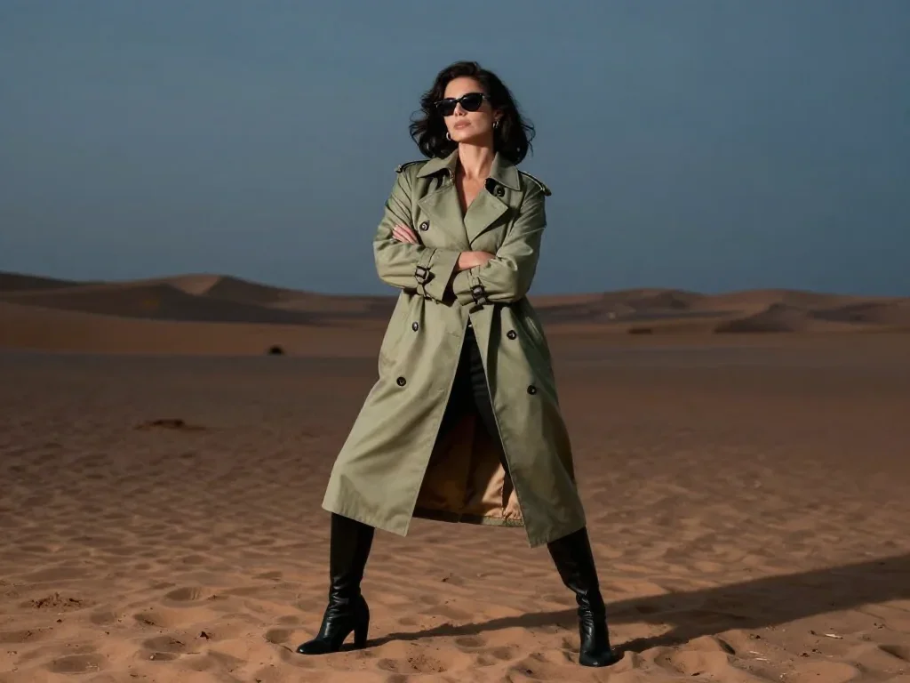 a noir detective's femme fatal muse in a trench coat in a graceful contrapposto pose, in a silent desert at twilight, bo