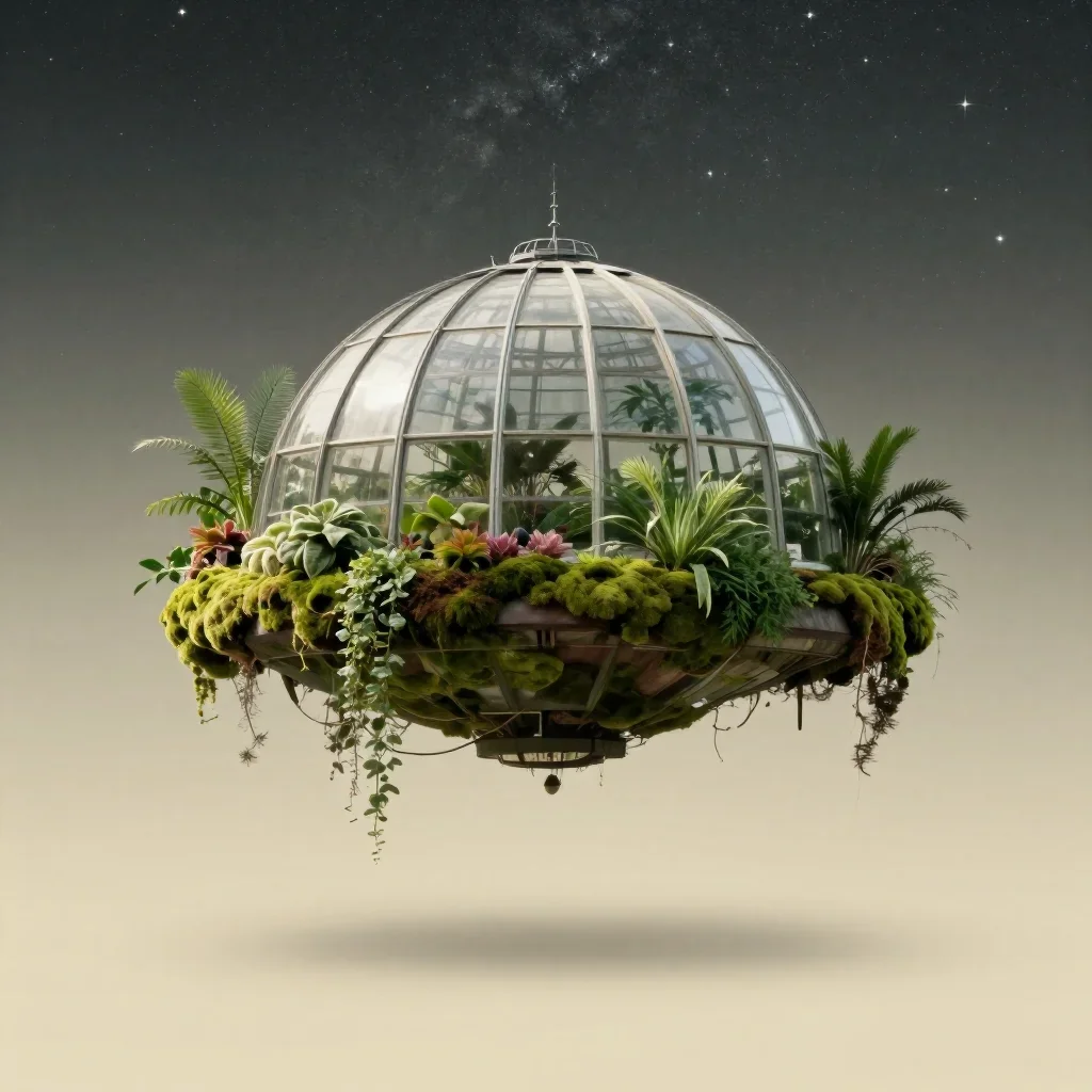 a floating botanical conservatory beneath a star-filled sky, refined editorial travel photography, calm negative space, 