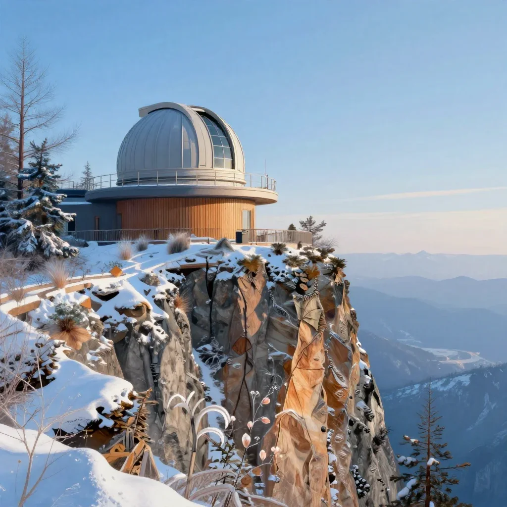 a cliffside observatory in crisp winter sunlight, contemporary botanical illustration, calm negative space, ice blue and