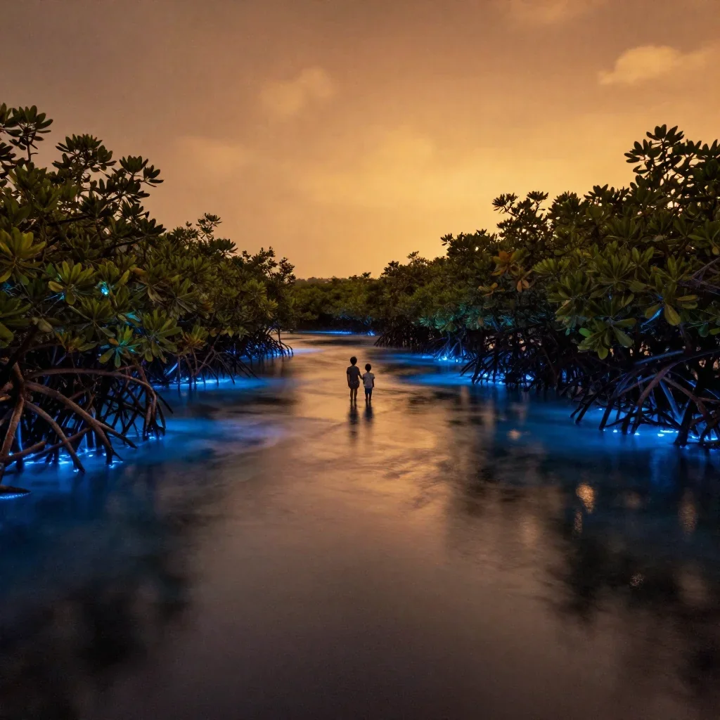 a bioluminescent mangrove lagoon during golden hour, dreamlike fine-art landscape photography, subtle film grain, ochre 