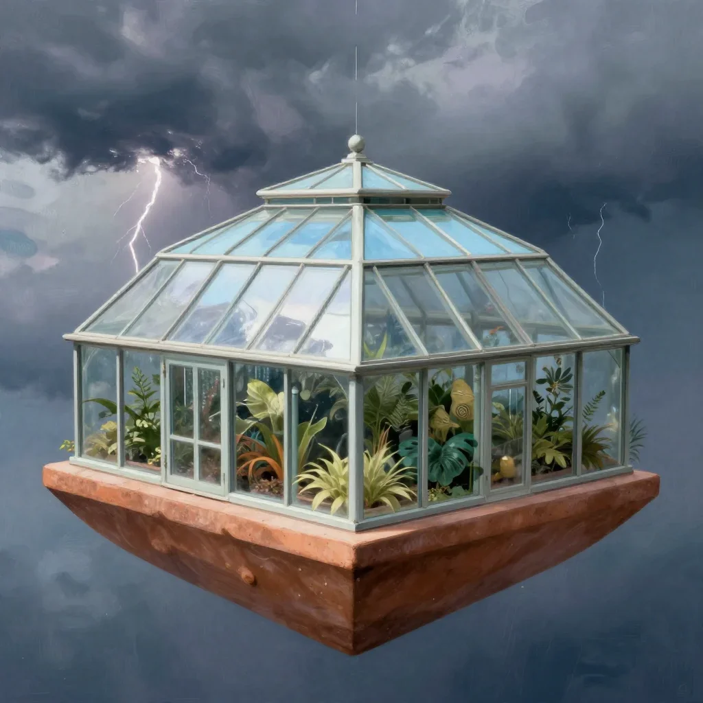 a floating botanical conservatory after a distant thunderstorm, quiet science-fiction concept art, careful geometric com