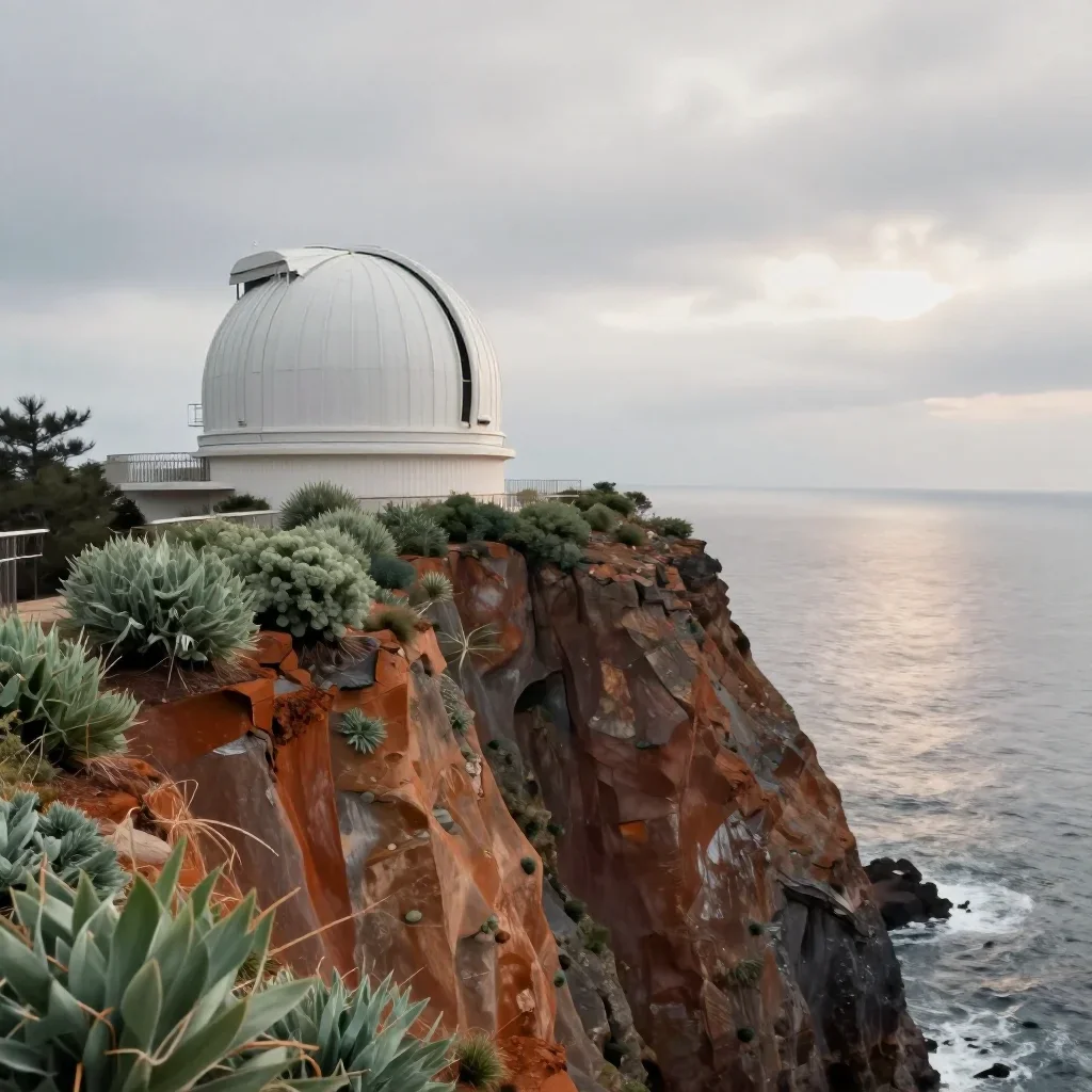 a cliffside observatory under overcast coastal light, contemporary botanical illustration, gentle reflected light, rust 