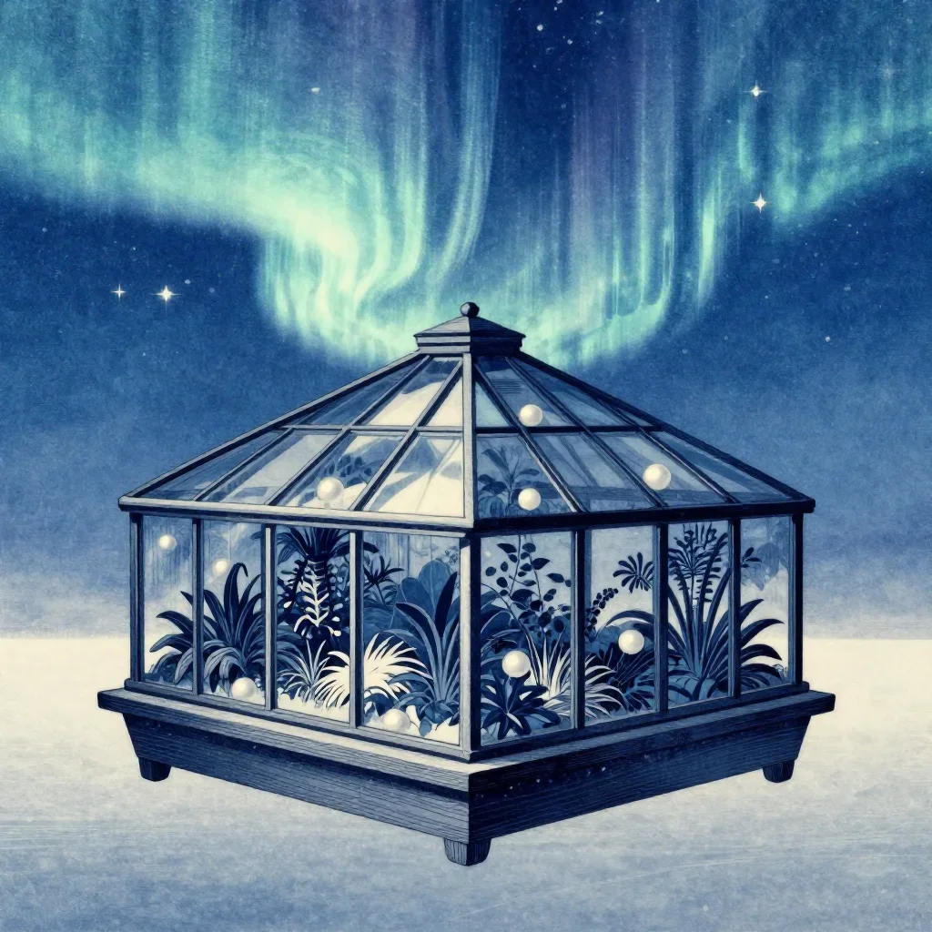 a floating botanical conservatory beneath an aurora, Japanese woodblock-inspired editorial art, clean natural textures,