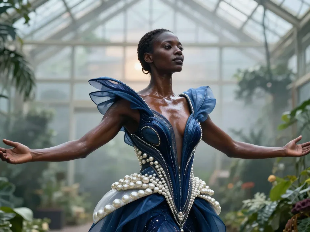 a chiseled athlete in dramatic rim light, oiled skin in a bold, open-armed welcome, in a greenhouse humid with mist, fut