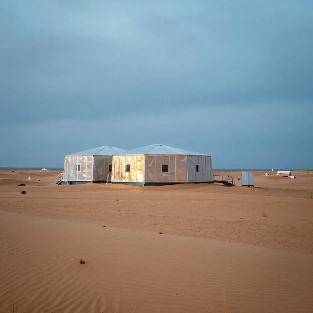 a desert research station under overcast coastal light, refined editorial travel photography, gentle reflected light, co