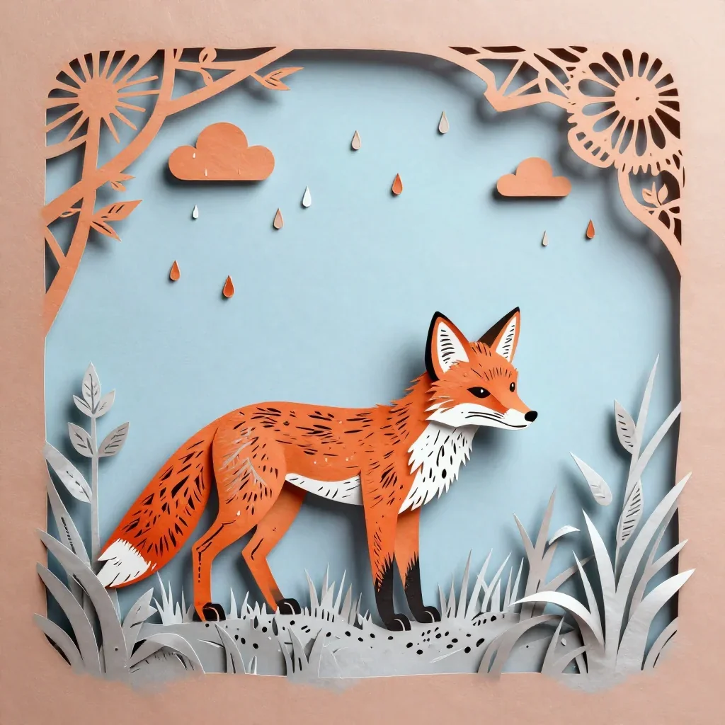 a red fox among silver grass after warm summer rain, intricate paper-cut illustration, careful geometric composition, te