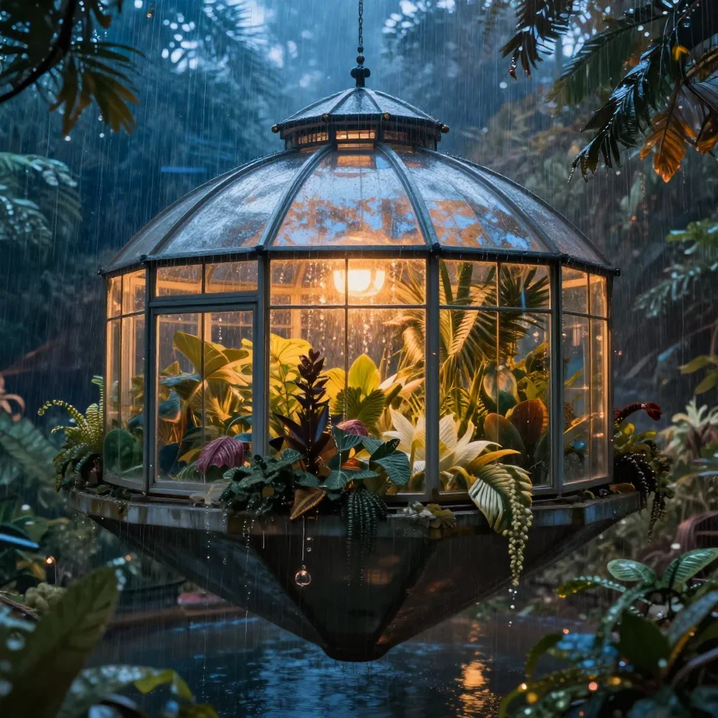 a floating botanical conservatory after warm summer rain, high-end design magazine photography, atmospheric depth, cobal
